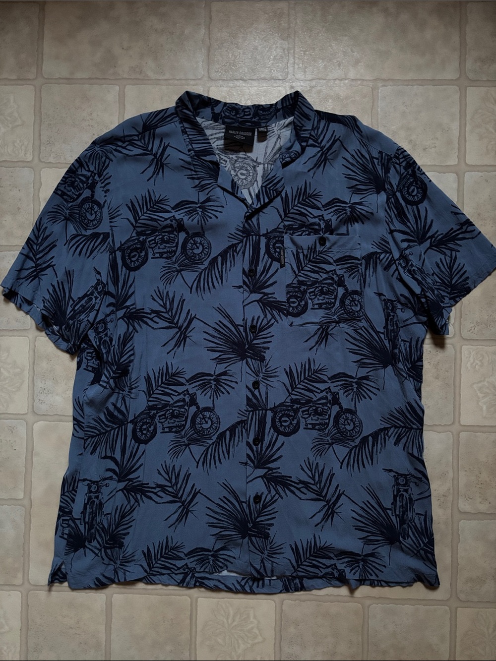 Harley-Davidson hawaiian Aloha shirt blue rayon motorcycles palm trees 2XL